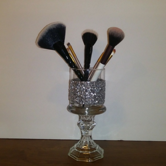 Unbranded Other - New Glass Makeup Brush Holder Silver  Glitter 8"